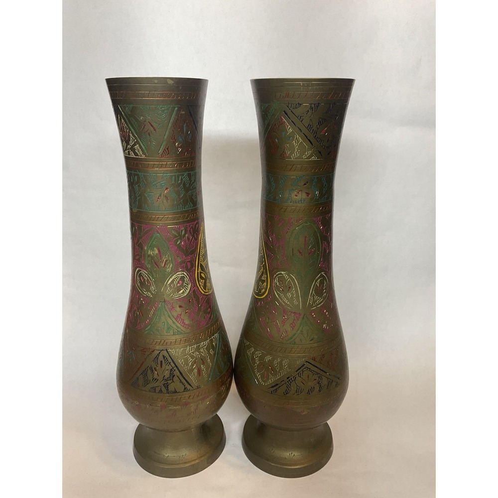 Vtg Brass Hand Etched Multicolored Flower Bud Vases Set of 2 Made In India 12"